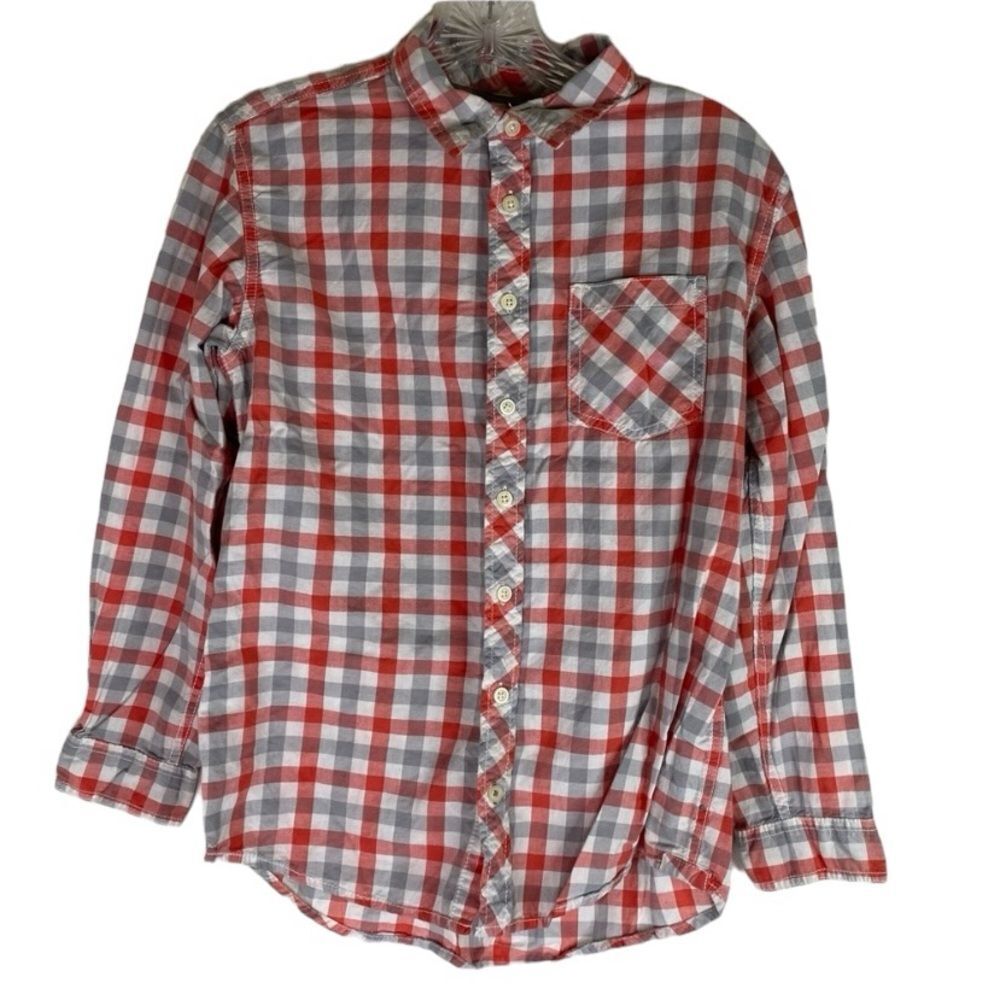 5/$15 Cherokee Shirt Boys Red Gray Plaid Button Down Long Sleeve Cotton L 12/14